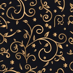 Gold seamless pattern of abstract flowers, leaves. Vector illustration