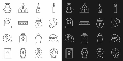 Set line Memorial wreath, Speech bubble rip death, Dove, Church building, Coffin with cross, Muslim cemetery, Angel and Funeral urn icon. Vector