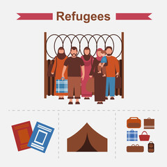 Emigration icons set with refugees, tent, passports. Group of refugees, migration crisis. Migrants on the ship and on the train. War migration waves going to Europe. World Refugee day concept.