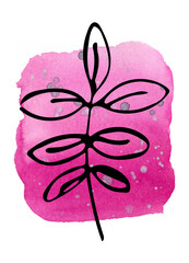 Watercolor pink background and black contour twigs. Hand-drawn, background and twig are isolated from each other, can be moved to your liking.