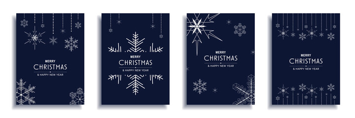 Merry Christmas and New Year 2022 brochure covers set. Xmas minimal banner design with white snowflakes decorative borders on blue backgrounds. Vector illustration for flyer, poster or greeting card - obrazy, fototapety, plakaty