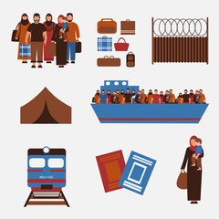 Group of refugees, migration crisis. Emigrants on the ship and on the train. War migration waves going to Europe. World Refugee day concept. Emigration icons.