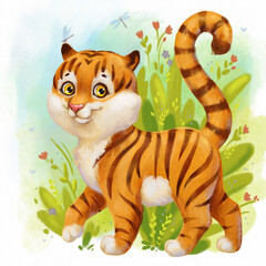 Cute tiger in summer flowers hand drawn illustration