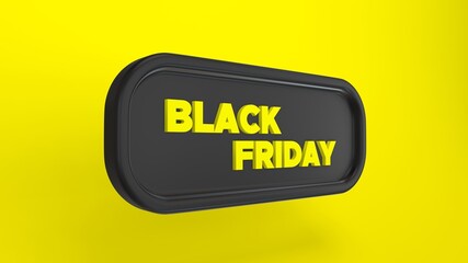 Rectangular black plate on a yellow background with the inscription Black Friday. 3d render
