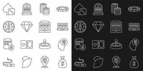 Set line Money bag, Casino slot machine with clover, Online jackpot, chips, Diamond, Game dice and Slot icon. Vector