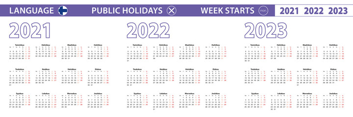 Simple calendar template in Finnish for 2021, 2022, 2023 years. Week starts from Monday.