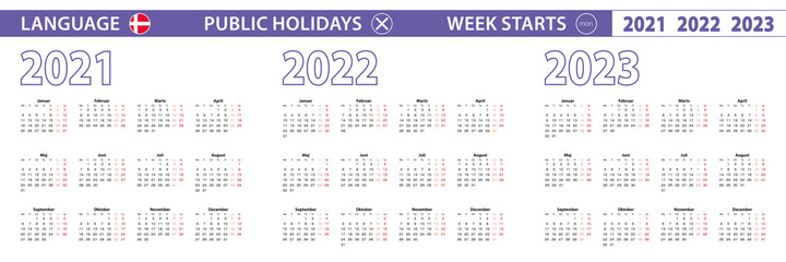 Simple calendar template in Danish for 2021, 2022, 2023 years. Week starts from Monday.