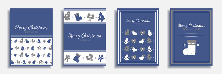 Merry Christmas and New Year 2022 brochure covers set. Xmas minimal banner design with trees, socks, gingerbreads, bows patterns at flyer borders. Vector illustration for poster or greeting card