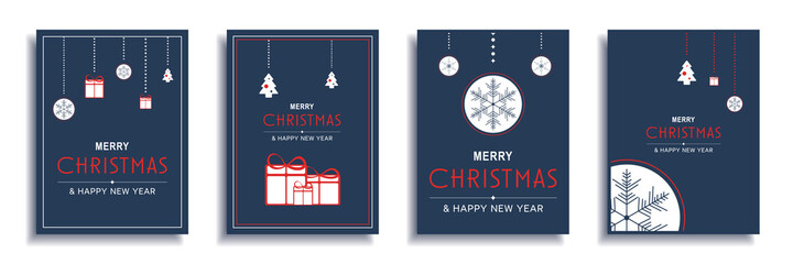 Merry Christmas and New Year 2022 brochure covers set. Xmas minimal banner design with hanging snowflakes at balls, gifts and festive trees. Vector illustration for flyer, poster or greeting card © alexdndz