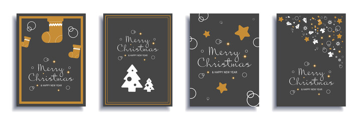 Merry Christmas and New Year 2022 brochure covers set. Xmas minimal banner design with gold socks and stars, white trees, festive borders. Vector illustration for flyer, poster or greeting card