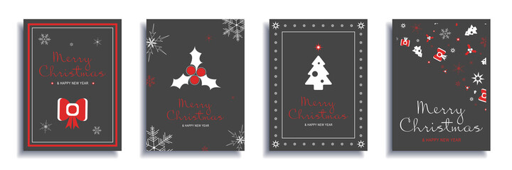 Merry Christmas and New Year 2022 brochure covers set. Xmas minimal banner design with red bow, holly, white festive tree and pattern bordure. Vector illustration for flyer, poster or greeting card