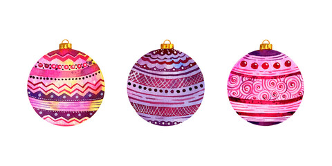 Christmas balls set  illustration of  watercolor hand painted on white background isolated