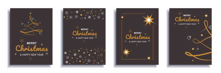 Merry Christmas and New Year 2022 brochure covers set. Xmas minimal banner design with abstract gold festive tree and snowflakes patterns. Vector illustration for flyer, poster or greeting card