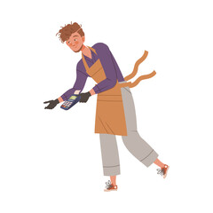 Man seller holding POS terminal cashless payment machine cartoon vector illustration