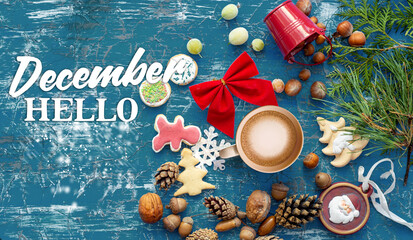 hello december holidays festive design CARD	
 - obrazy, fototapety, plakaty