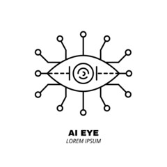 Obraz premium Artificial intelligence and machine learning line icon. AI eye robotic. Simple thin outline pictogram. AI concept. Innovative robotic technology element. Cpu,cloud. Editable stroke vector illustration