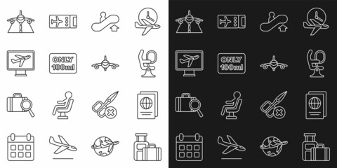 Set line Suitcase, Passport, Airplane seat, Escalator up, Liquids in carry-on baggage, Plane, and icon. Vector