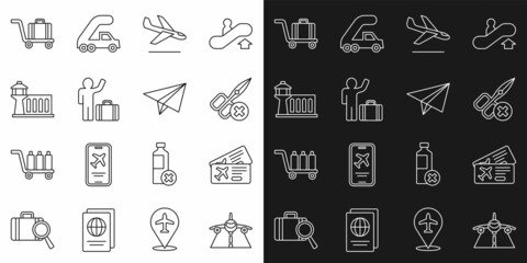 Set line Plane, Airline ticket, No scissors, landing, Tourist with suitcase, Airport control tower, Trolley baggage and Paper airplane icon. Vector