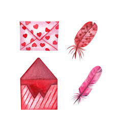 A set of watercolor elements, envelopes with feathers of bright pink color isolated on a white background. Suitable for fabric design, postcards, invitations.
