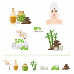 Spa icons with woman with towel, spa stones, bamboo branches, candles and bottles of oil. Vector illustration isolated on white background.