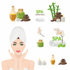 
Spa icons with woman with towel, spa stones, bamboo branches, candles and bottles of oil. Vector illustration for Spa isolated on white background.