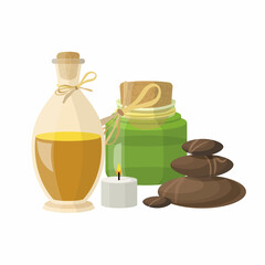 Spa set with stones, bottles with oil and candle. Vector icon for Spa isolated on white background.