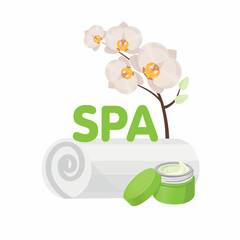 Spa illustration with towel, face cream and orchid flower. Vector illustration for salon.