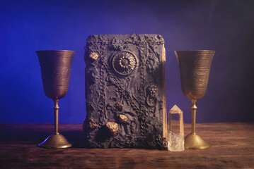 Book of magic on the table background. Witchcraft concept.