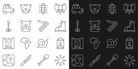 Set line Sun, Camping lantern, Hunter boots, Centipede insect, Rhinoceros, Arrow, Car and Swiss army knife icon. Vector © Kostiantyn