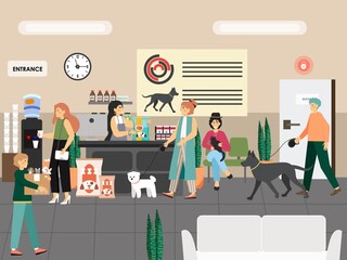 People with cats and dogs buying food, cute small domestic animals in pet shop, vector illustration. Pet store business.