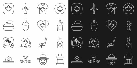 Set line Inukshuk, Bottle of maple syrup, Hockey jersey, Acorn, Stone for curling, Canadian leaf and Heart shaped Canada flag icon. Vector