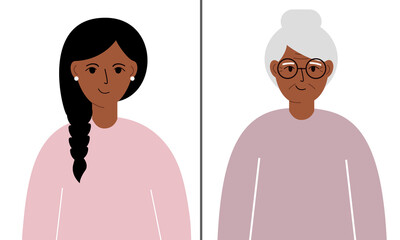 Young and Old woman Vector Concept Illustration. Normalizing gracefully aging process conceptual poster. Before and after concept