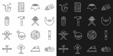 Set line Wooden logs, Chisel tool, Mustache and beard, Tree stump, Hammer, Smoking pipe and on stand icon. Vector