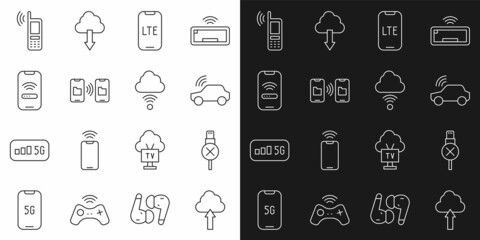 Set line Cloud upload, No usb cable cord, Smart car system, LTE network, Data transfer and storage, Mobile with wi-fi wireless, and Network cloud connection icon. Vector