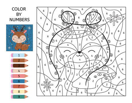Educational game for preschool children. Color by numbers. Cute cartoon deer with Christmas lights. Kawaii forest animal. Printable worksheet. Coloring book.