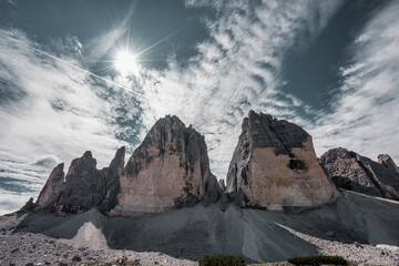 View of the north faces of the Three Peaks, Italy.