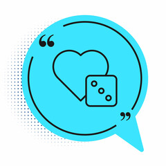 Black line Game dice icon isolated on white background. Casino gambling. Blue speech bubble symbol. Vector