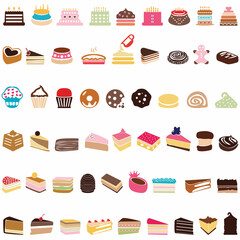 Cake birthday icon set on a white background Colorful delicious desserts, birthday cake with chocolate and vanilla cream, with berries