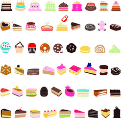 Cake birthday icon set on a white background Colorful delicious desserts, birthday cake with chocolate and vanilla cream, with berries