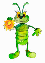 A fabulous cute firefly with a light. Watercolor illustration on a white background for children's goods and textiles.