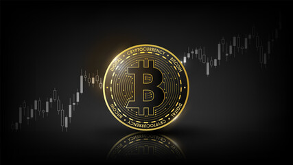 Golden bitcoin digital currency, futuristic money on candlestick background, Bitcoin cryptocurrency isolated, vector illustration