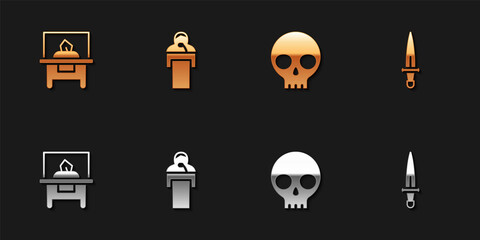 Set Glass showcase for exhibit, Gives lecture, Human skull and Dagger icon. Vector