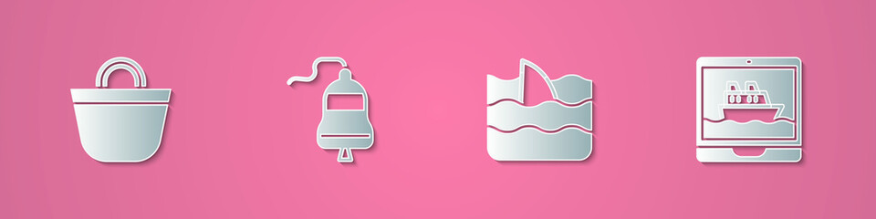 Set paper cut Beach bag, Ship bell, Shark fin in ocean wave and Cruise ship icon. Paper art style. Vector