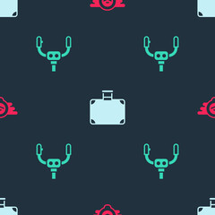 Set Aviation emblem, Suitcase and Aircraft steering helm on seamless pattern. Vector