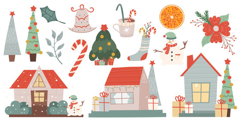 Winter Christmas set clip art isolated on white background.Winter houses, snowman, fir trees, orange and Christmas flower for decoration and festive ornament. Vector illustration in a flat style.