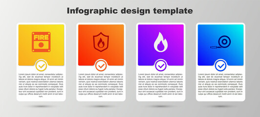 Set Fire alarm system, protection shield, flame and hose reel. Business infographic template. Vector