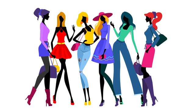 Autumn fashion clothes. A silhouette of a group of women in colorful fashion clothes.