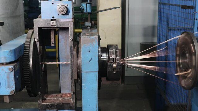Production of cable wire at cable factory close up
