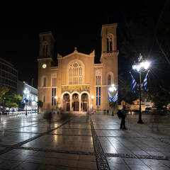 The great Mitropolis church at night in Athens, Greece