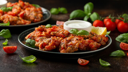 Greek tomato fritters, tomatokeftedes served with yogurt on plate.